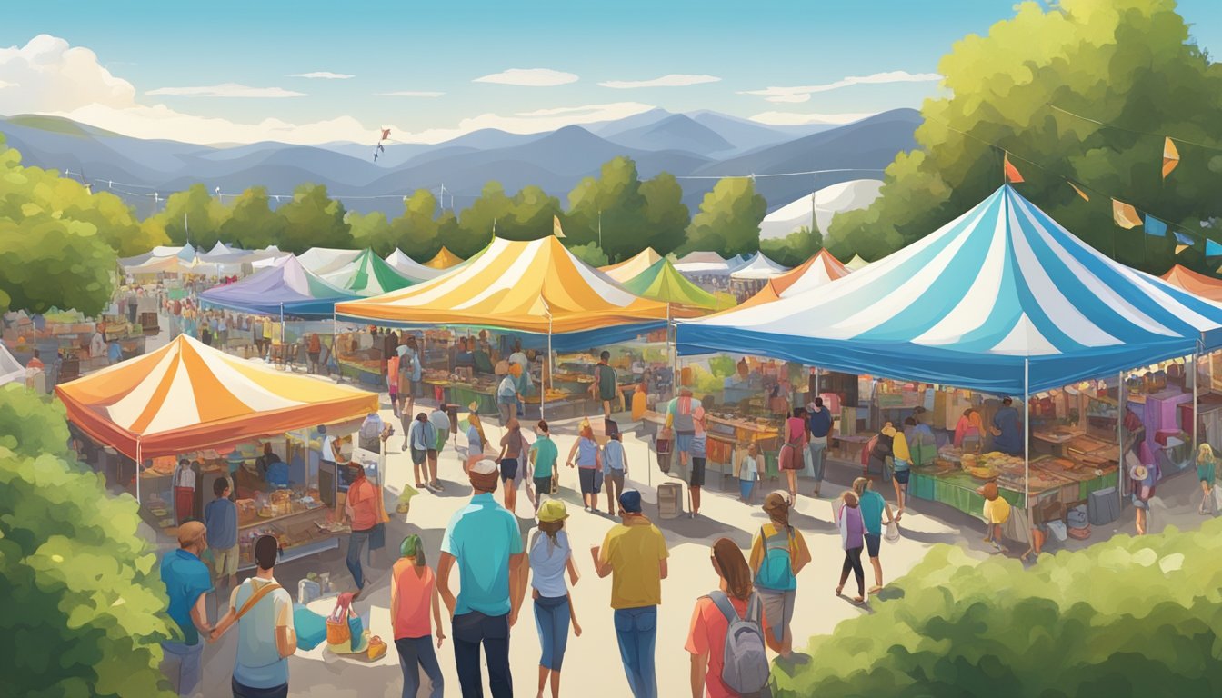 Colorful tents and booths line the festival grounds, offering a variety of merchandise and food. The air is filled with the sound of live music and the chatter of festival-goers