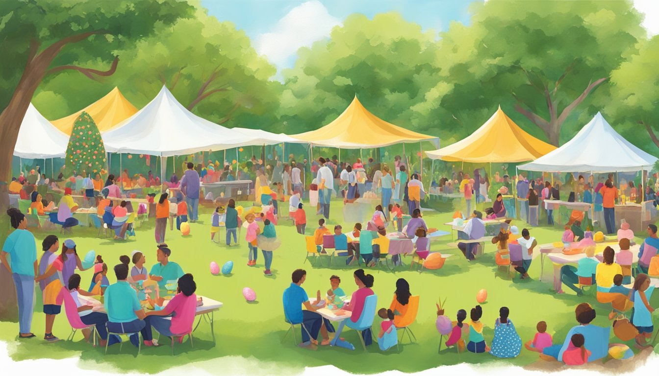 A vibrant Easter festival with live music, art displays, and cultural performances in a lush Texas park. Families gather to enjoy the festive atmosphere