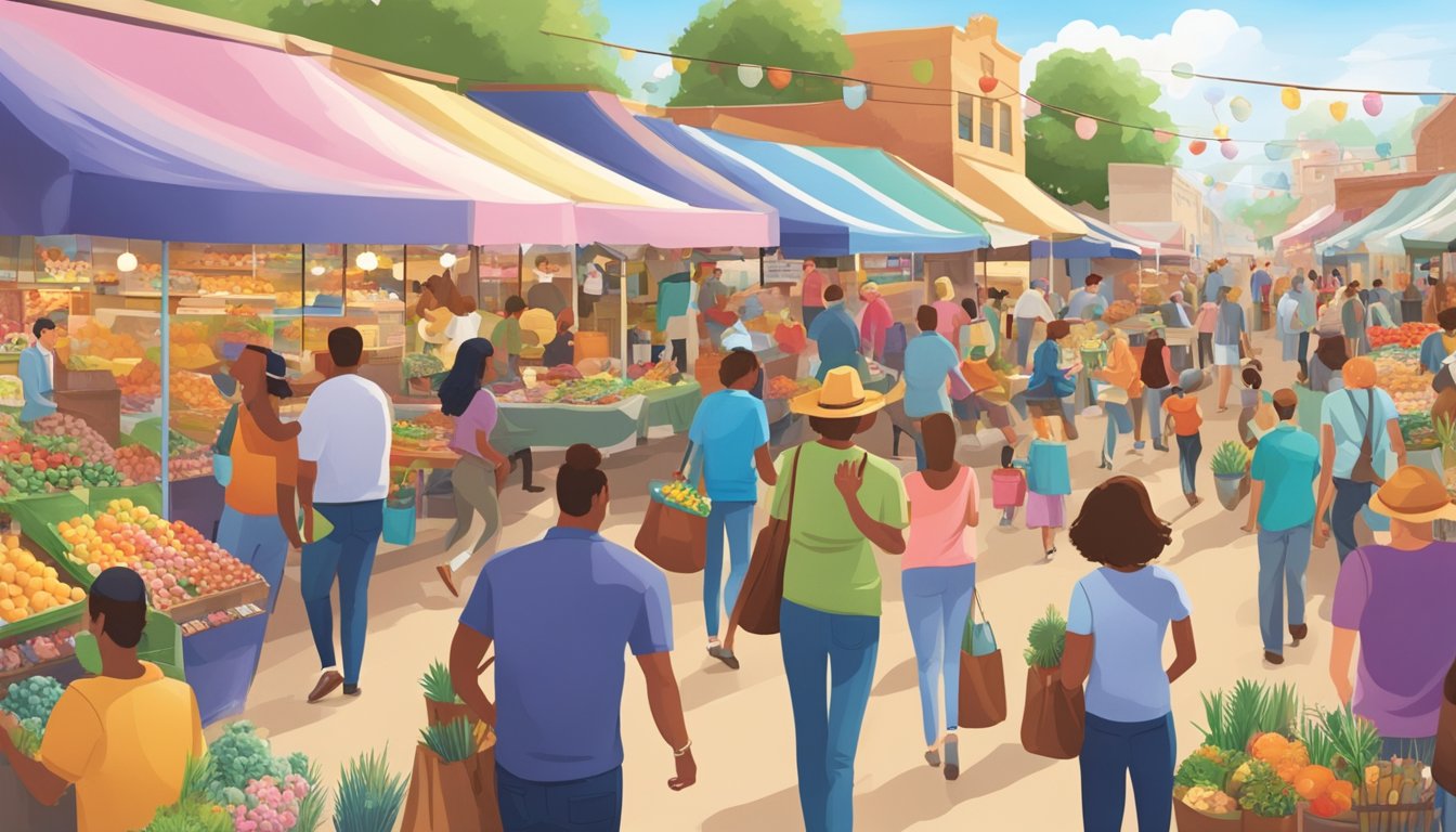 A bustling Texas market filled with colorful stalls, festive decorations, and eager shoppers enjoying Easter activities and events