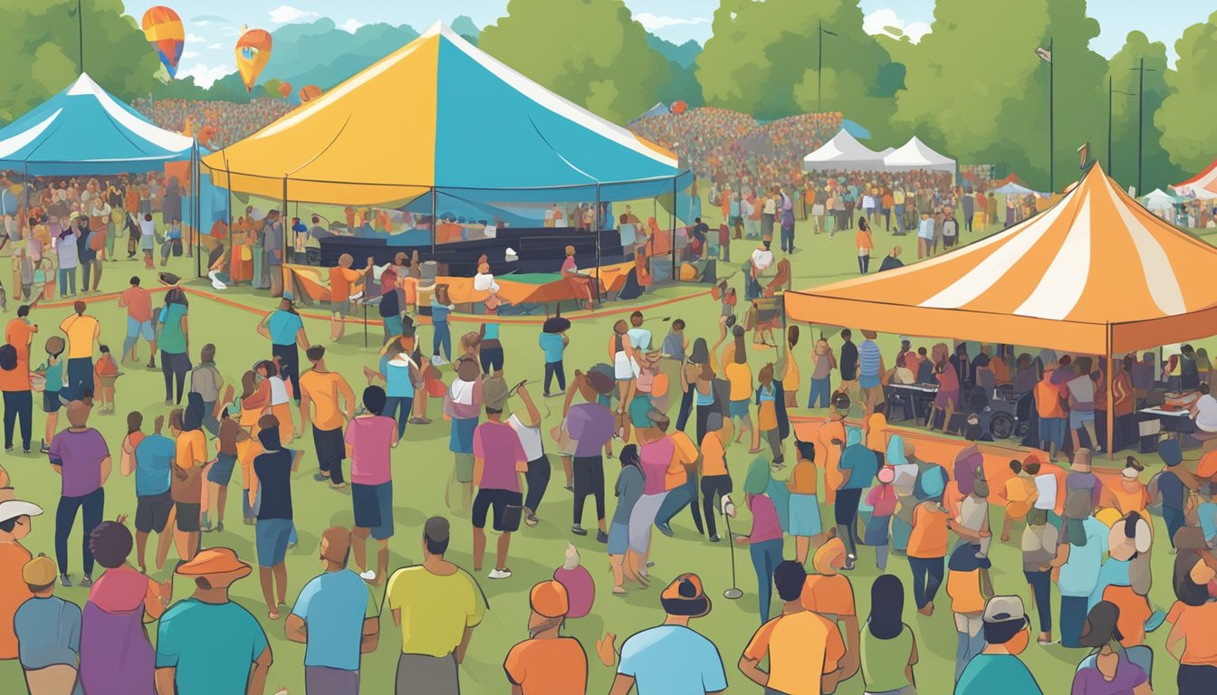 Crowds gather around stages at a chilifest music festival, enjoying live performances and participating in volunteer activities