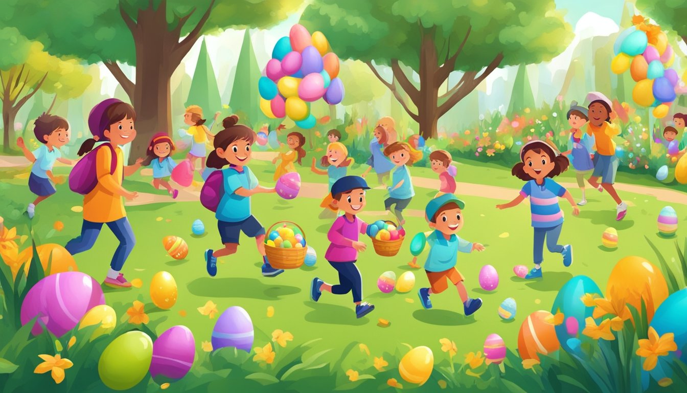 Children hunting for Easter eggs in a vibrant community park, surrounded by festive decorations and cheerful volunteers