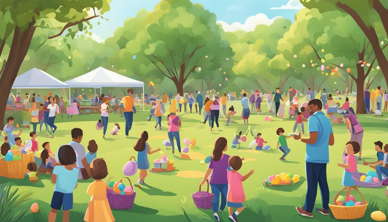 Colorful Easter egg hunt in a Texas park, with families picnicking and children playing games while live music fills the air