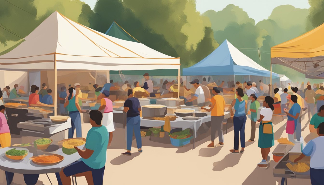 A bustling outdoor festival with colorful tents, live music, and the aroma of steaming tamales filling the air. Crowds gather to watch cooking demonstrations and sample a variety of traditional and modern tamale recipes