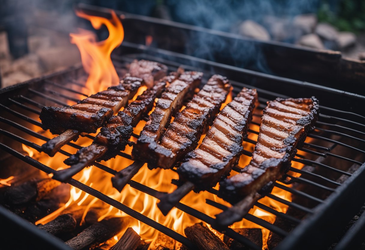 Uma costela chiando sobre uma chama aberta em uma tradicional churrasqueira de "fogo de chão" brasileira, cercada por brasas esfumaçadas e carvões incandescentes.