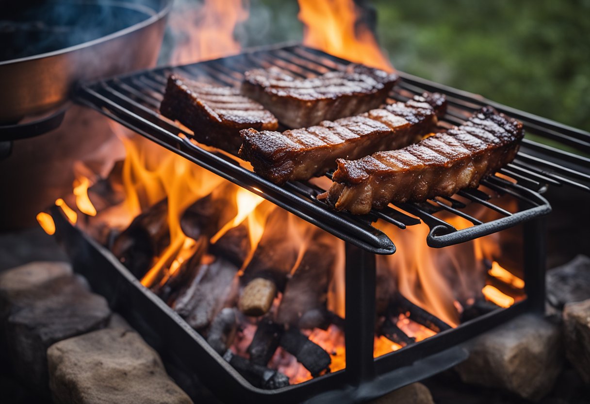 Uma costela assando sobre uma chama aberta em um ambiente tradicional de "fogo de chão", cercada por utensílios de cozinha rústicos e uma atmosfera defumada.