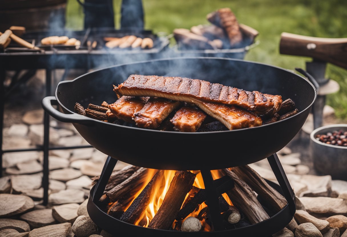 Uma fogueira crepitante com uma grande grelha de costelas assando acima das chamas, cercada por ferramentas de cozinha rústicas e um ambiente externo esfumaçado.