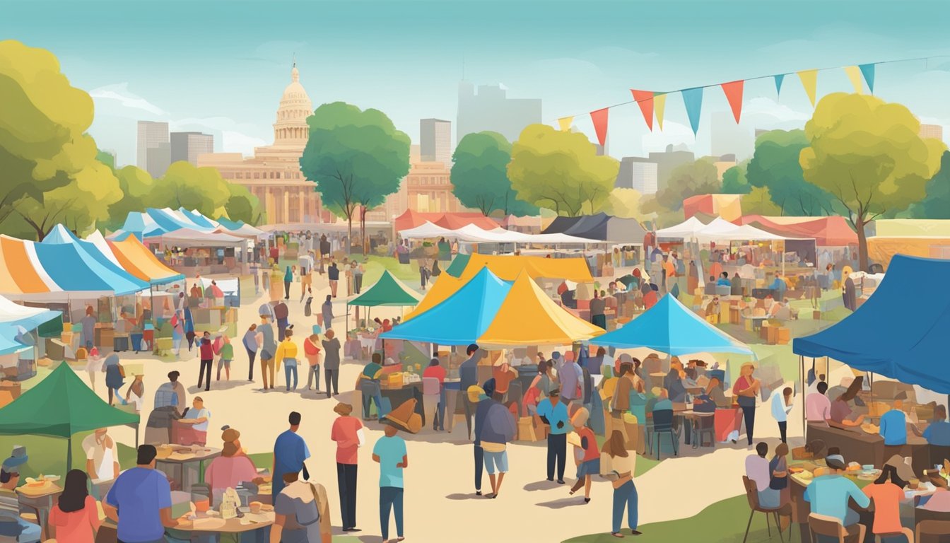 A bustling outdoor food festival with colorful tents, live music, and people enjoying a variety of Texas cuisine