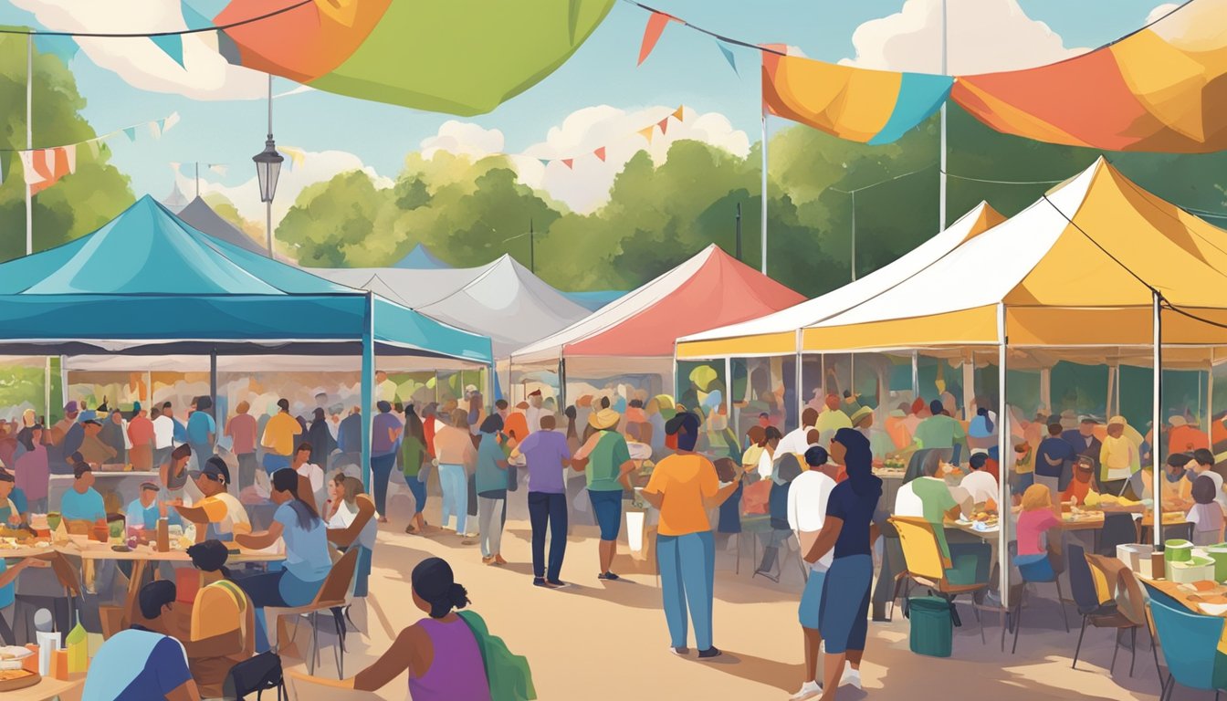 A bustling Texas food festival with colorful tents, live music, and a variety of mouthwatering dishes being served to eager attendees