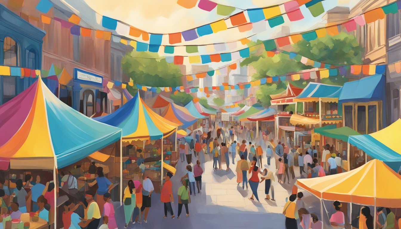 Colorful tents and booths line a bustling street, showcasing diverse cultural and heritage celebrations. Music fills the air as visitors explore the vibrant fairs and festivals in Texas