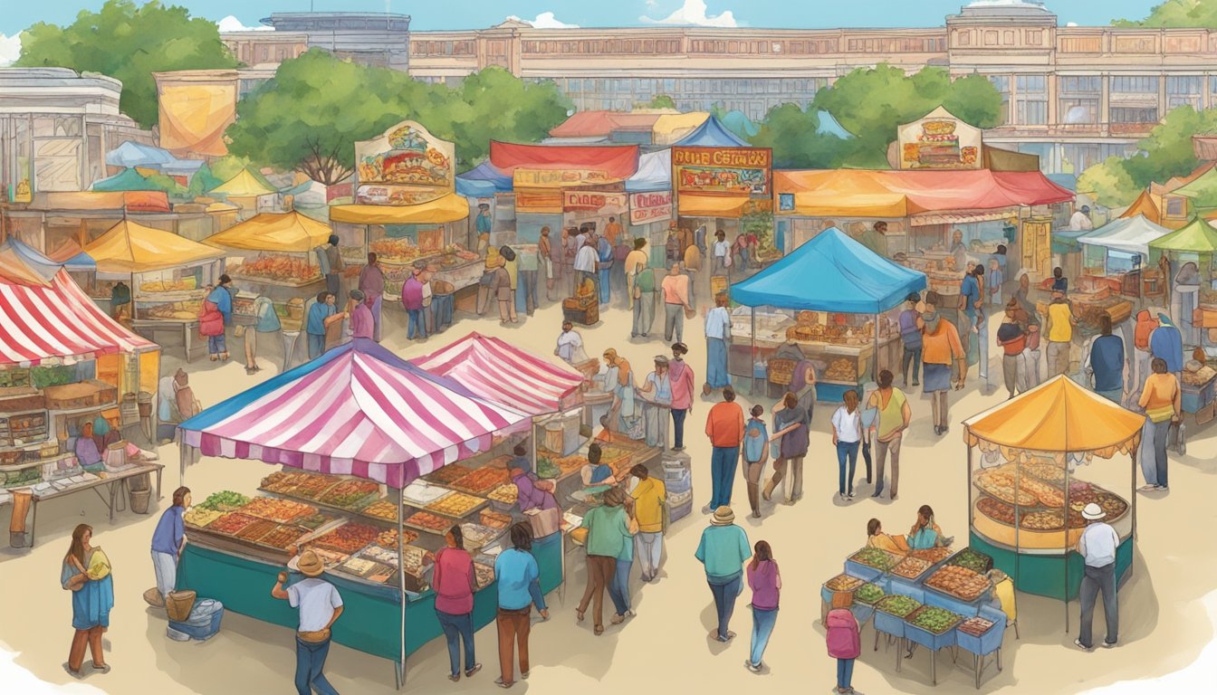 Colorful food stalls line the bustling festival grounds, offering a variety of Texas delicacies. The aroma of smoked meats and fried treats fills the air as visitors sample the best of April and May