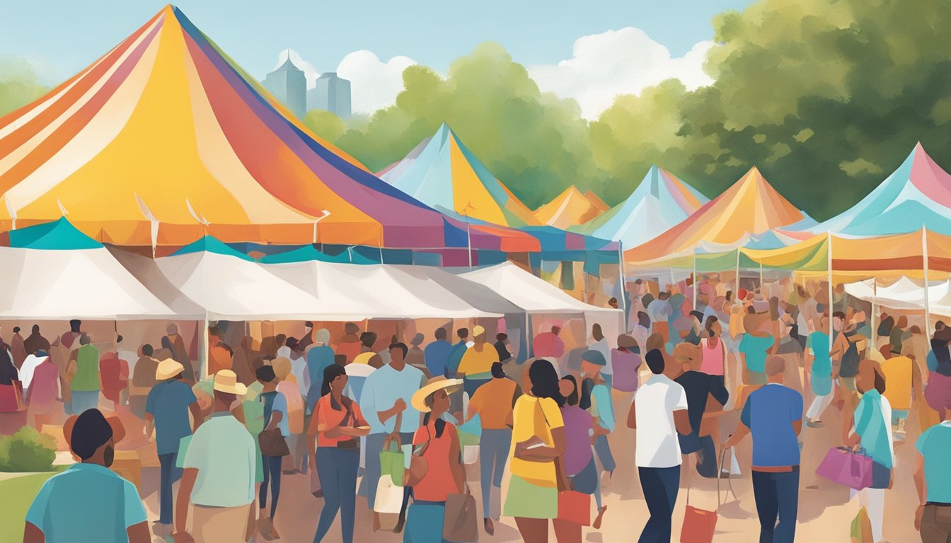 Crowds gather at a Texas food and drink festival, sampling local cuisine and beverages from vendors under colorful tents. Music fills the air as people stroll through the lively event