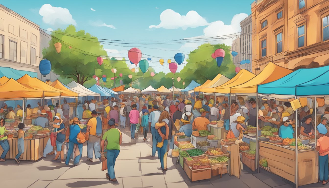 A bustling outdoor food festival with colorful vendor booths, live music, and crowds of people sampling a variety of Texas cuisine