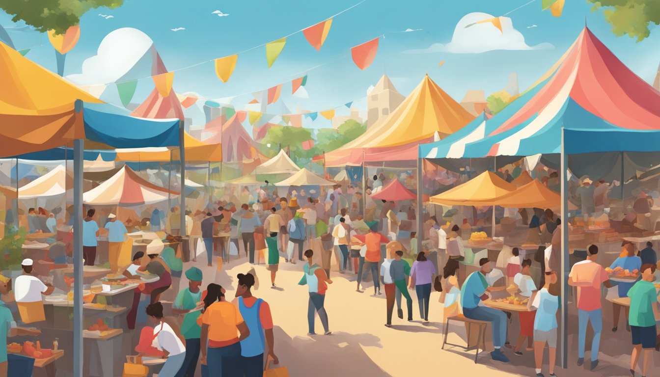 A bustling festival scene with food vendors, colorful tents, and happy attendees enjoying the best of Texas cuisine