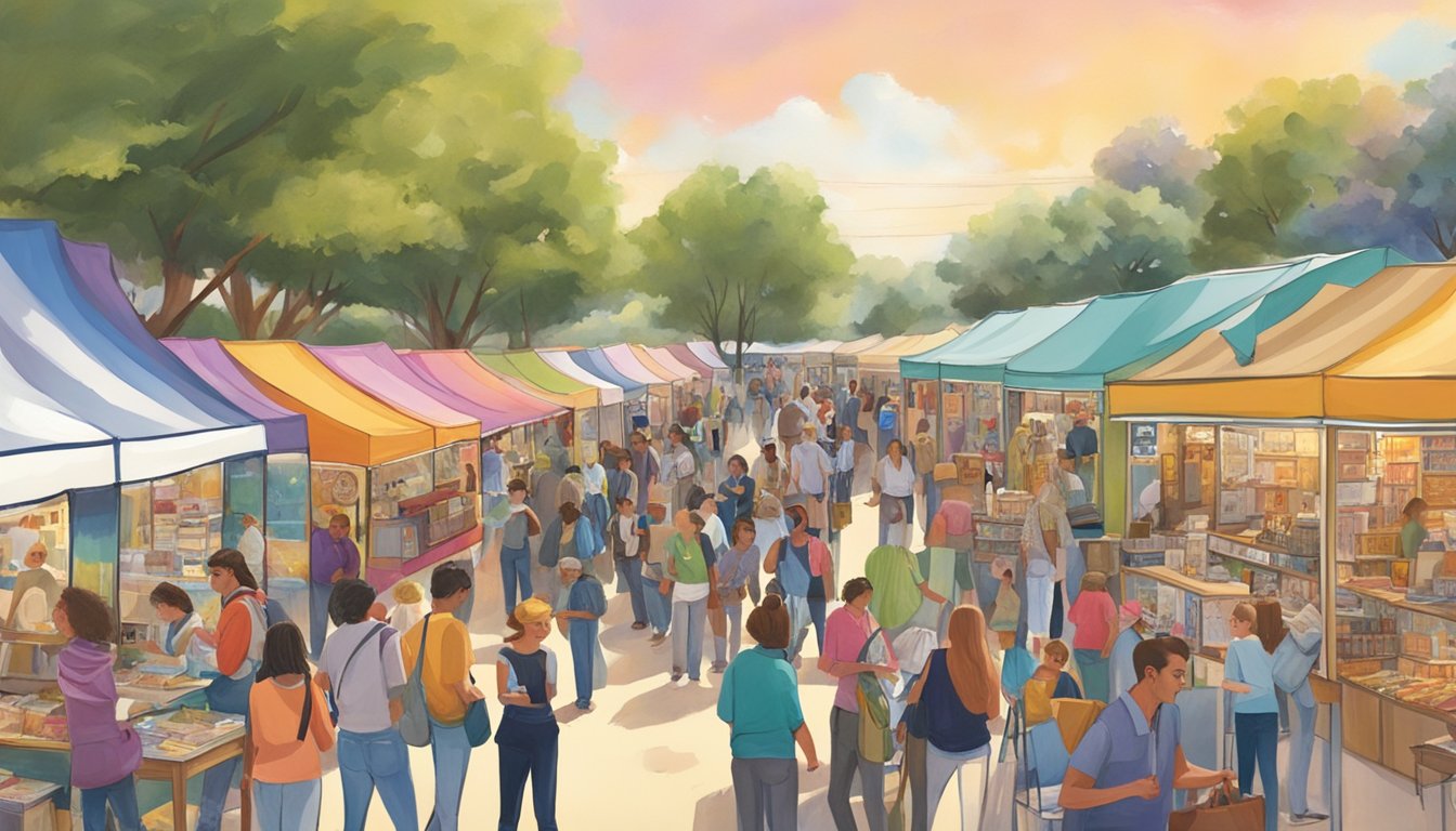 Crowds browse colorful booths at a bustling art and literature fair in Texas, with live music and food vendors adding to the festive atmosphere