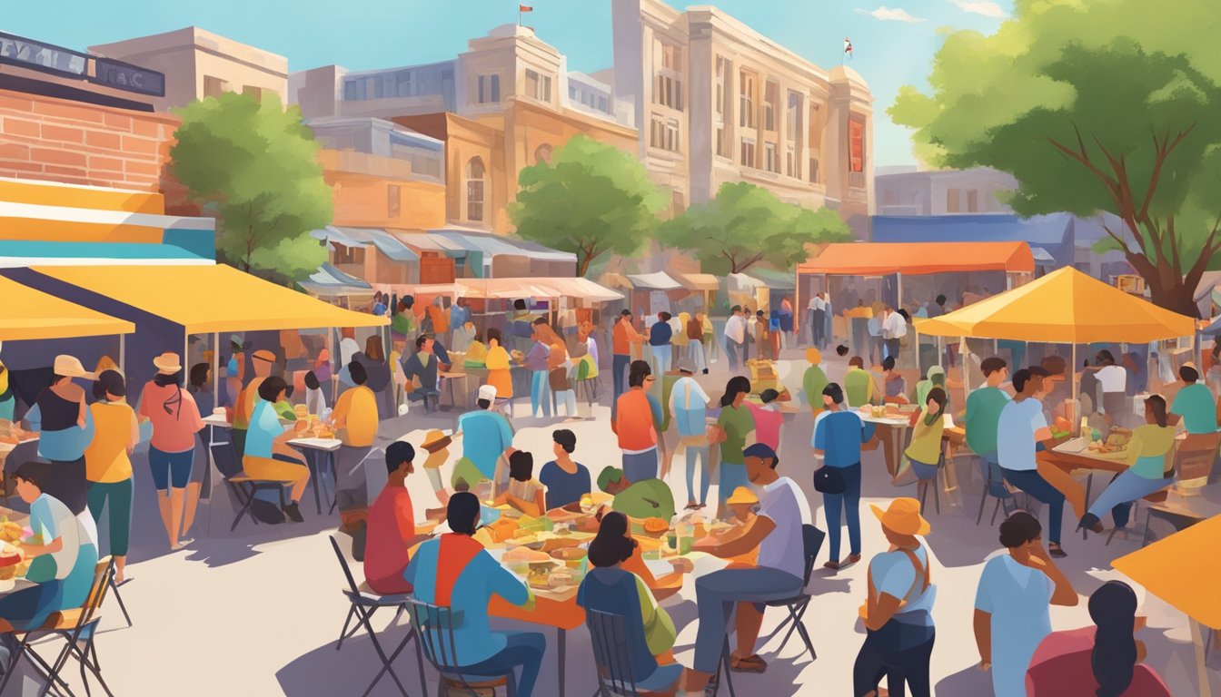 A bustling outdoor festival with colorful food stalls, live music, and people enjoying the best of Texas cuisine in the warm spring weather