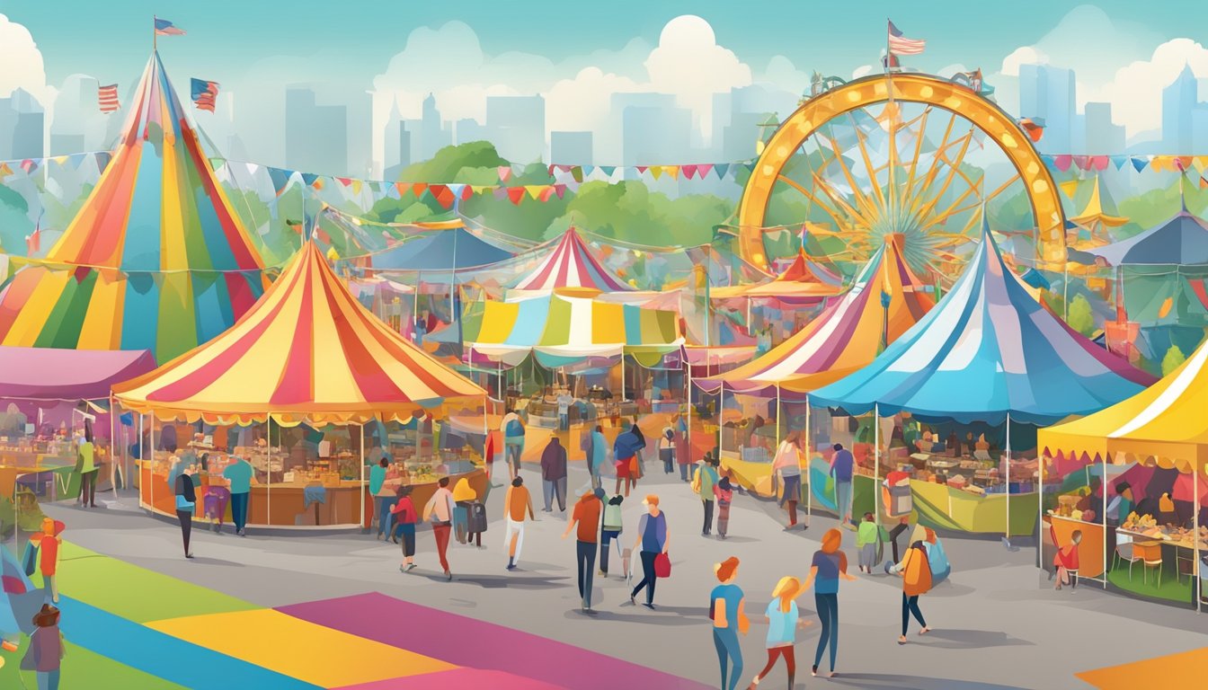 Colorful tents and booths line a bustling fairground, with people browsing and sampling food, crafts, and entertainment. Decorations and banners celebrate the seasonal festivities