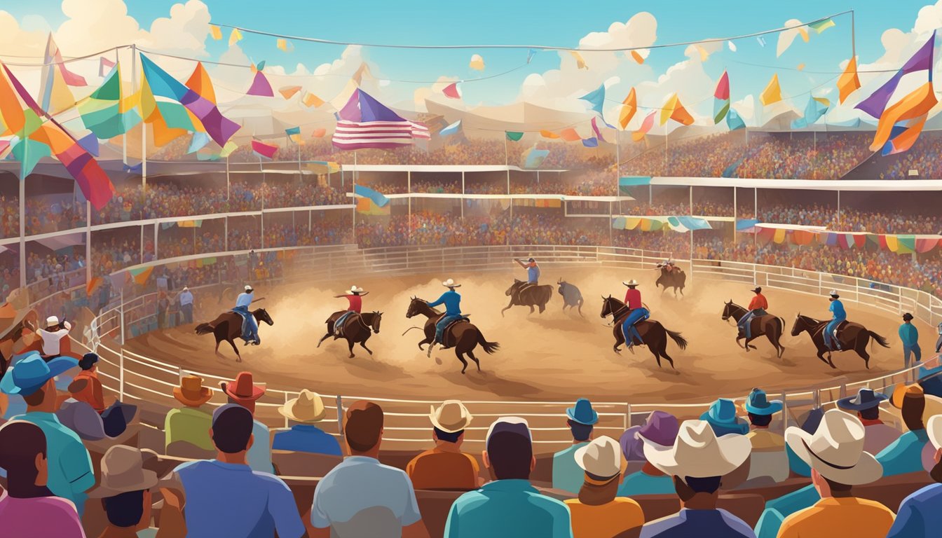 A bustling rodeo arena with cowboys riding bulls and broncos, surrounded by cheering spectators and colorful fair booths