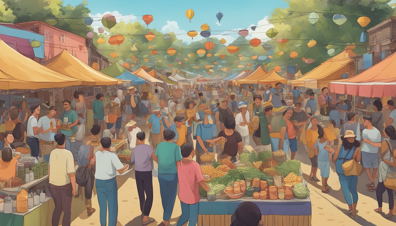 A lively festival scene with vendors selling fermented foods and drinks, workshops, and live music in the background