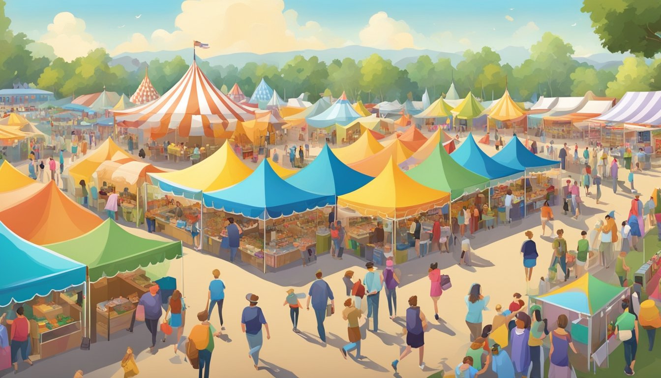 Colorful tents and booths line the fairgrounds, filled with food, games, and crafts. Crowds of people wander between attractions, enjoying the lively atmosphere