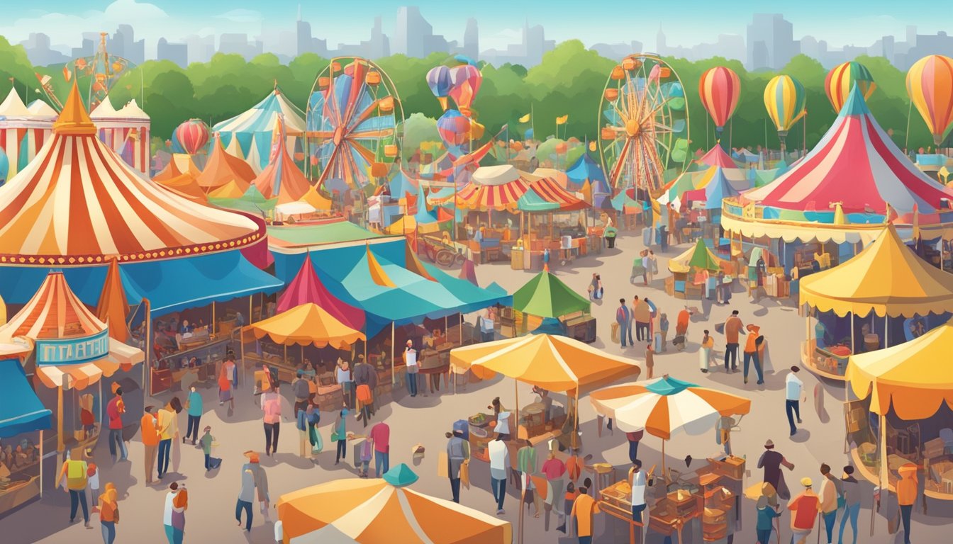 A bustling Texas fairground with colorful tents, food vendors, and lively music. Crowds of people explore the various attractions and enjoy the festive atmosphere