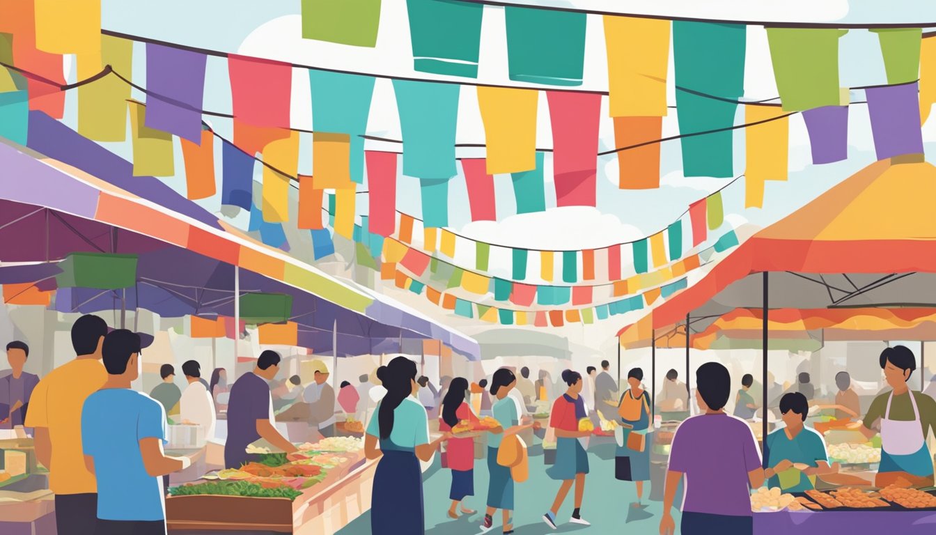 Colorful banners hang above bustling food stalls at the Irving Taste of Asia festival, as the aroma of various cuisines fills the air