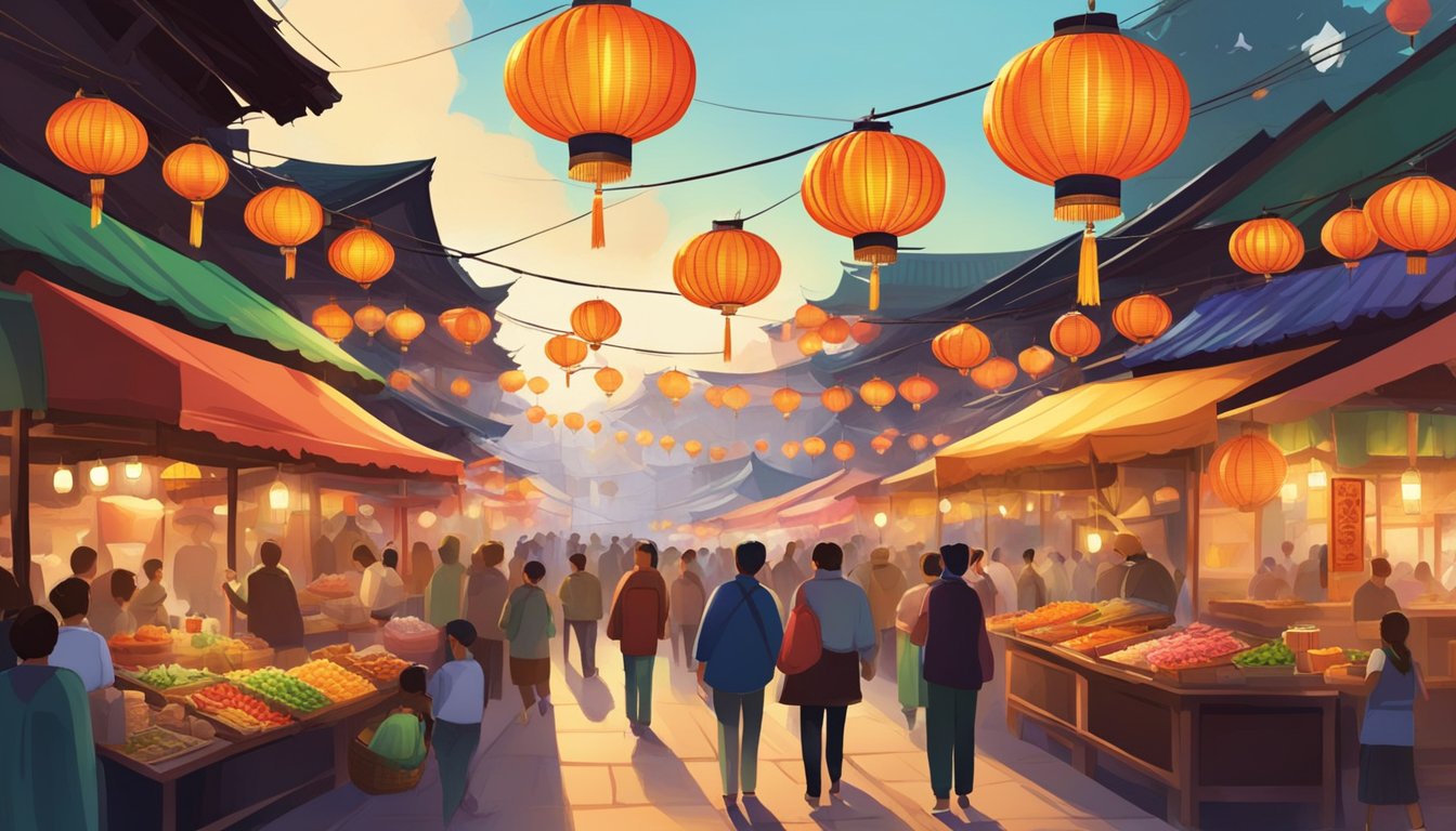 Colorful food stalls line the bustling street, emitting tantalizing aromas. Traditional Asian lanterns hang overhead, casting a warm glow on the lively festival