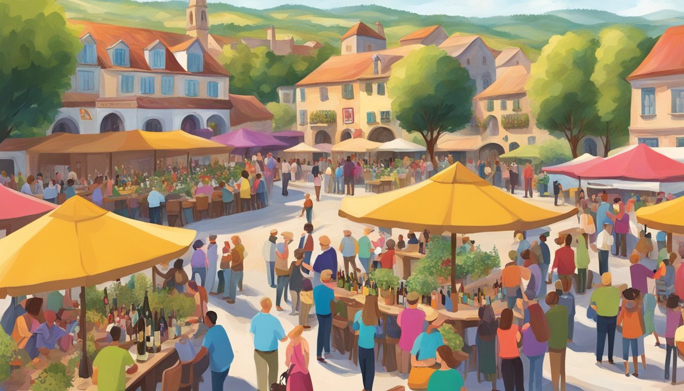 Crowds gather in the town square, surrounded by colorful booths and vineyards. Music fills the air as people sample wine and enjoy the festive atmosphere