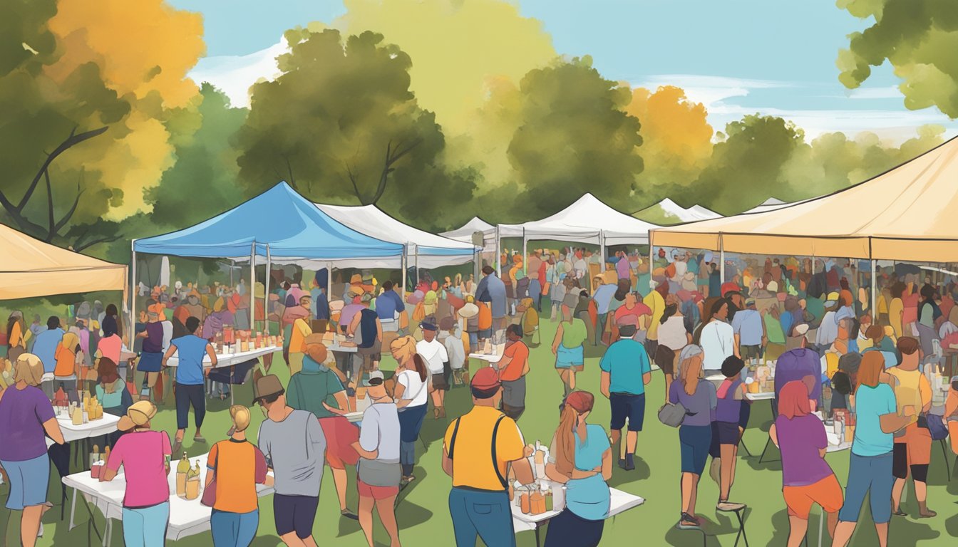 A bustling outdoor wine tasting event with rows of vendor booths, live music, and people mingling under colorful tents at Grapefest in Grapevine, Texas