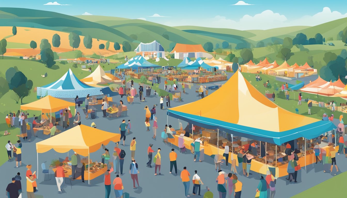 A bustling festival with food stalls, live music, and workshops. The venue is surrounded by rolling hills and a clear blue sky