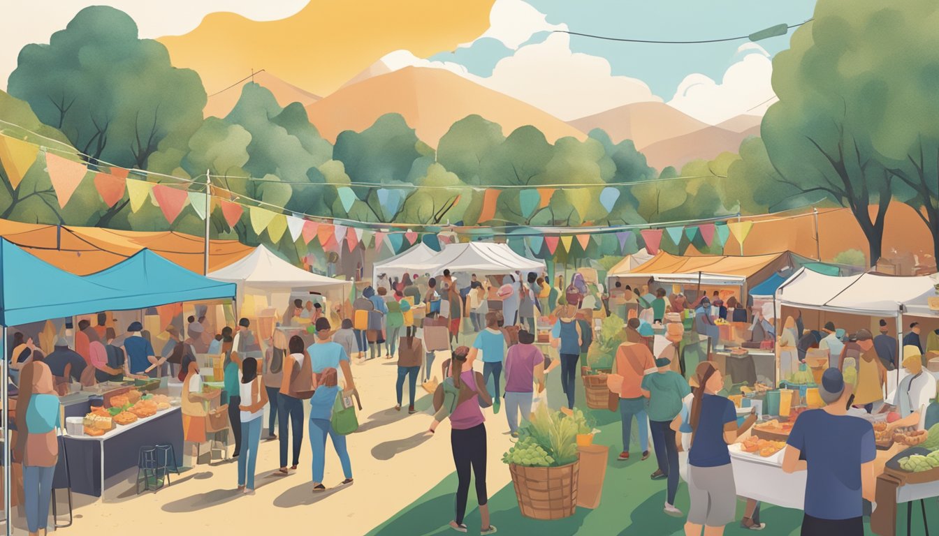 A bustling outdoor festival with vendors and attendees, showcasing various fermented foods and drinks. The festival is sponsored by local businesses and features live music and educational workshops