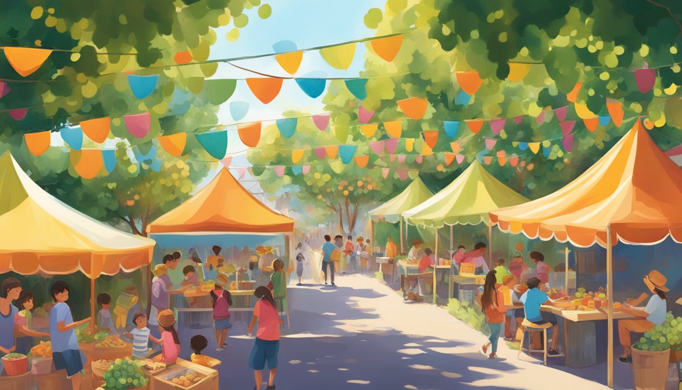 Colorful tents and booths line the streets, offering games, crafts, and snacks. Children laugh and play in the sunshine, surrounded by grapevines and live music