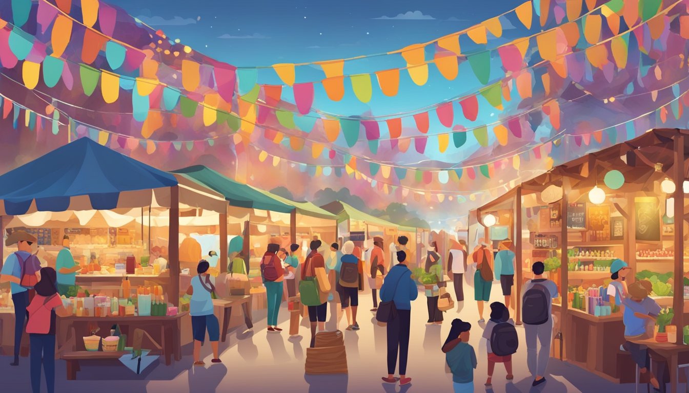 A bustling festival with vendors, workshops, and live music. Visitors sample and purchase various fermented foods and drinks. Booths display colorful and diverse products