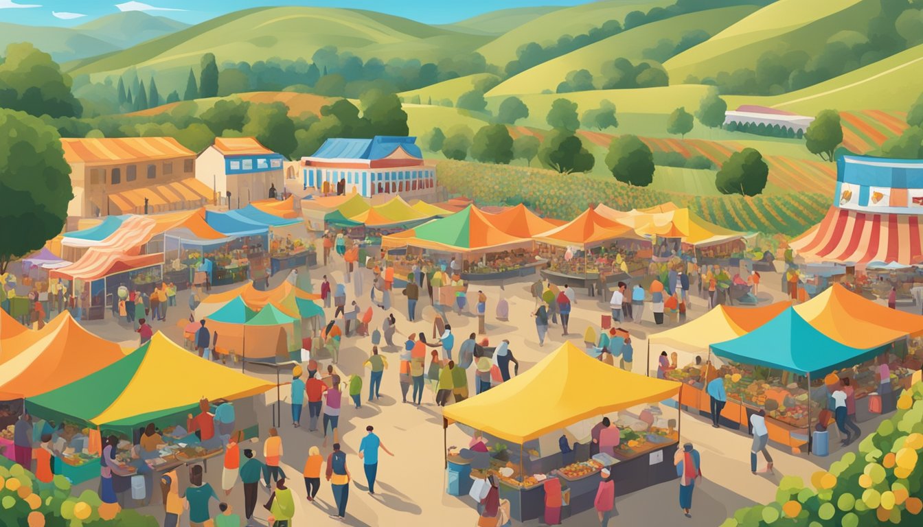 A bustling outdoor festival with rows of food vendors, colorful banners, and lively music, set against a backdrop of vineyards and rolling hills