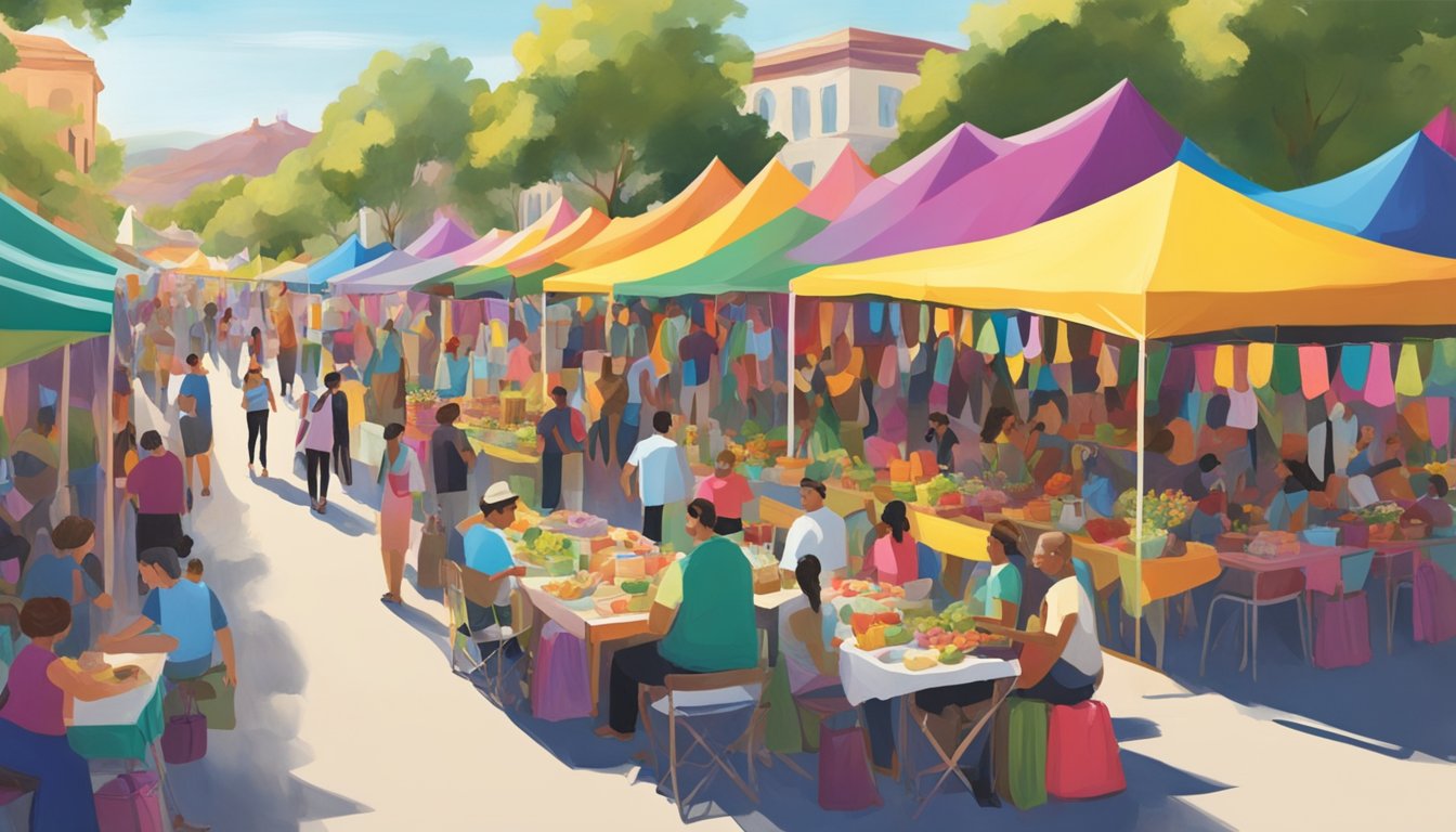 Colorful tents line the streets, filled with vendors offering wine tastings and local cuisine. Visitors stroll through the festival, enjoying live music and the festive atmosphere