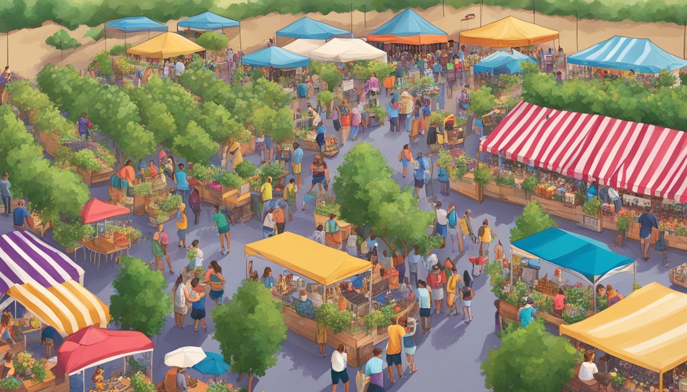 A bustling GrapeFest in Grapevine, Texas, with vineyards, wine tastings, live music, and vibrant crowds