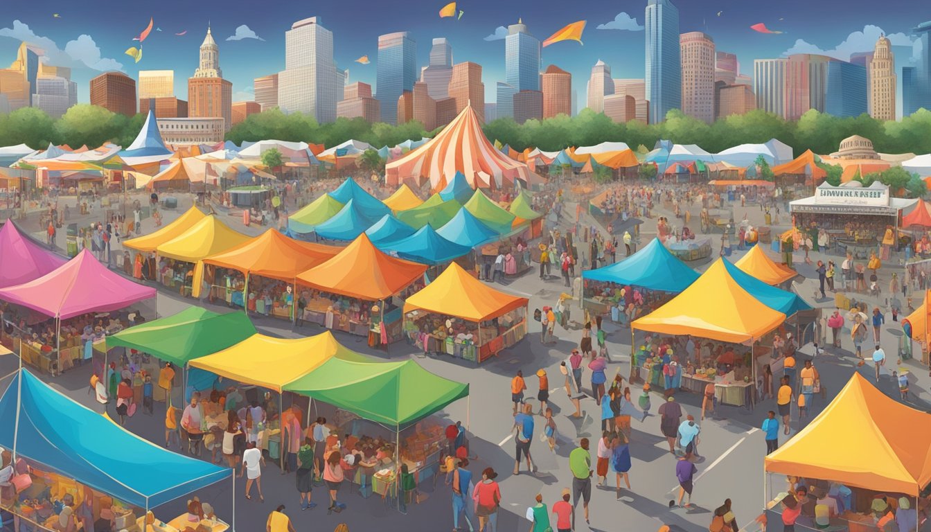 Colorful tents and stages fill the city streets, with crowds enjoying music, food, and entertainment at the top Texas summer festivals