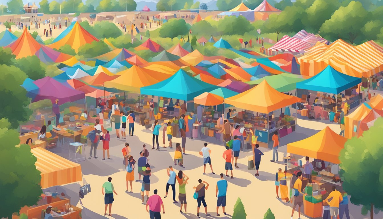 A bustling outdoor festival with colorful tents, food vendors, live music, and people enjoying various activities under the bright Texas summer sun