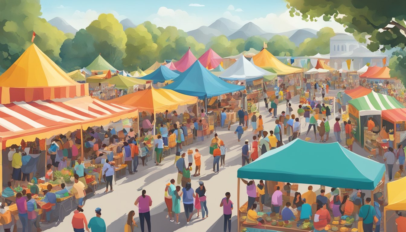 A bustling festival with colorful booths, food vendors, and cultural performances. Crowds gather to celebrate and participate in community involvement and volunteering