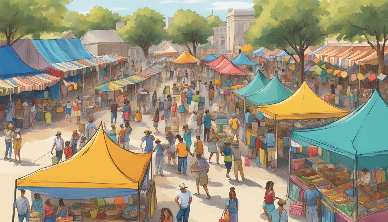 Colorful tents line the streets, filled with vendors selling Texas-themed crafts and food. People dance to live music under the hot summer sun, celebrating unique Texas traditions