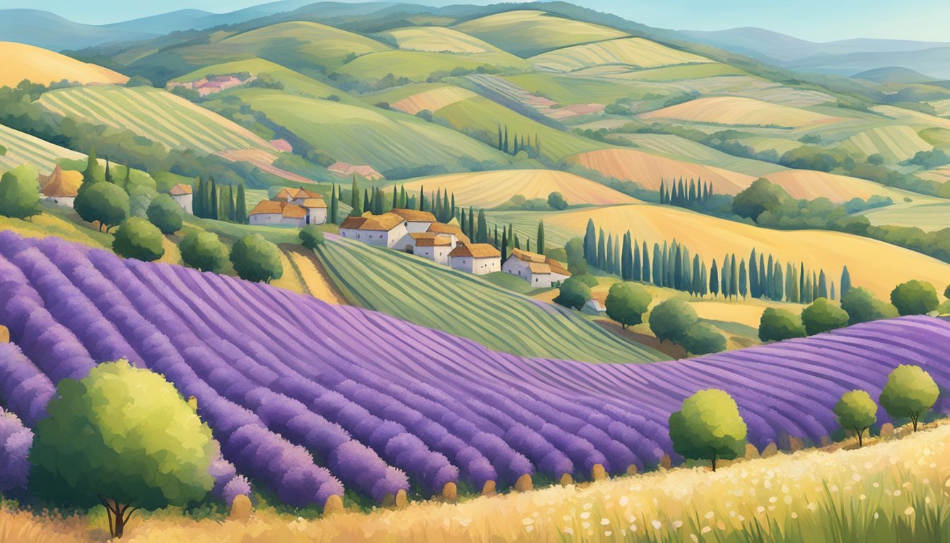 Rolling hills covered in blooming lavender fields, surrounded by vineyards and dotted with festival tents. A warm, sunny day with a clear blue sky overhead