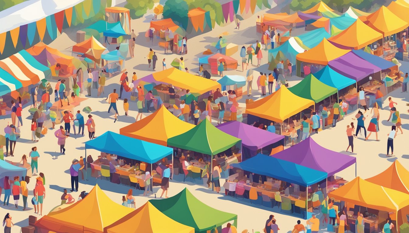 A vibrant outdoor festival with colorful tents, food vendors, live music, and people enjoying the summer sunshine