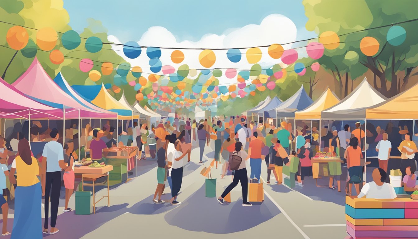 Crowds gather at outdoor festival with food vendors, live music, and colorful decorations. Local businesses benefit from increased foot traffic