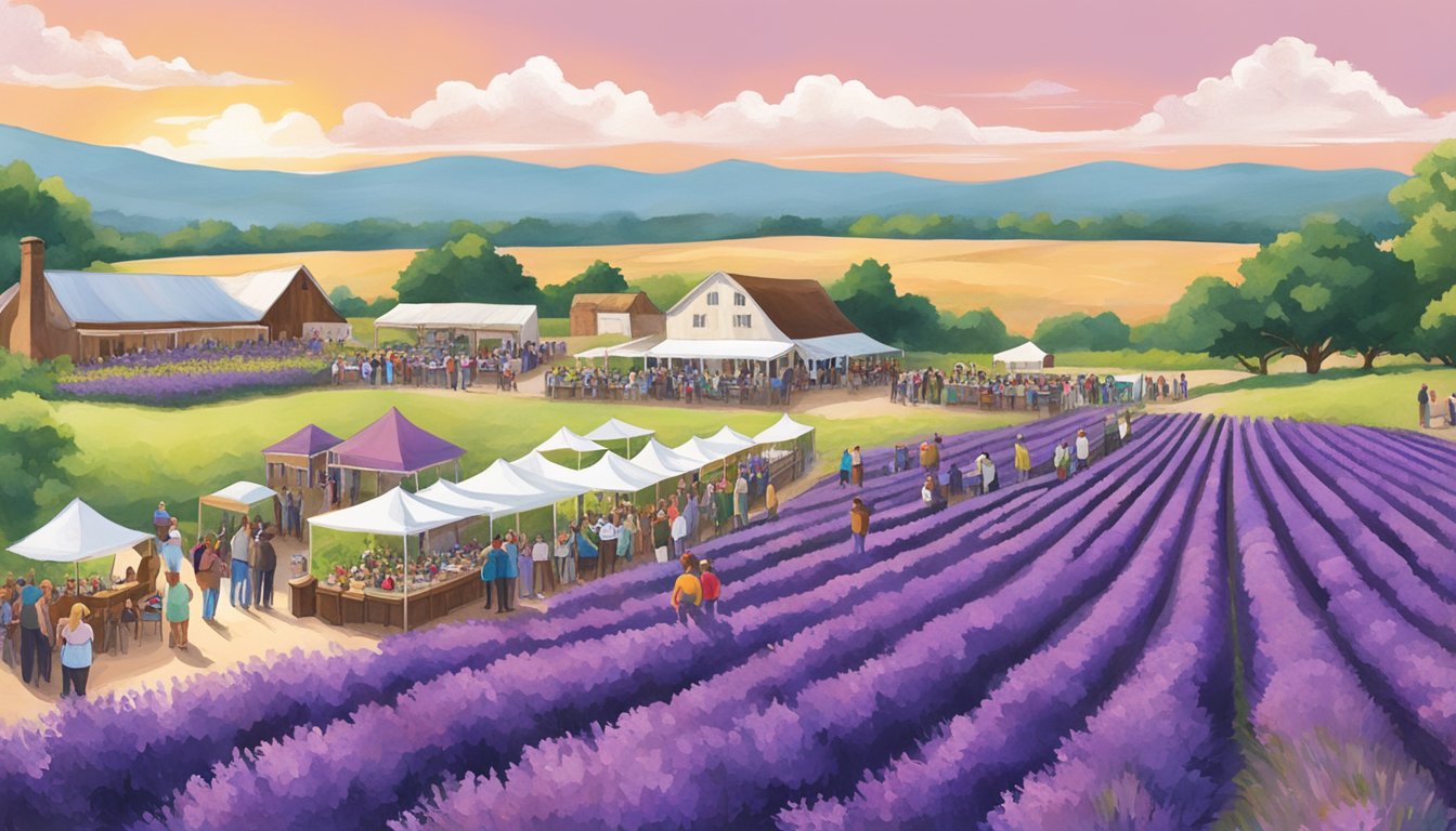 Vibrant lavender fields surround a bustling wine tasting event in Brenham, with people enjoying the 15th annual festival