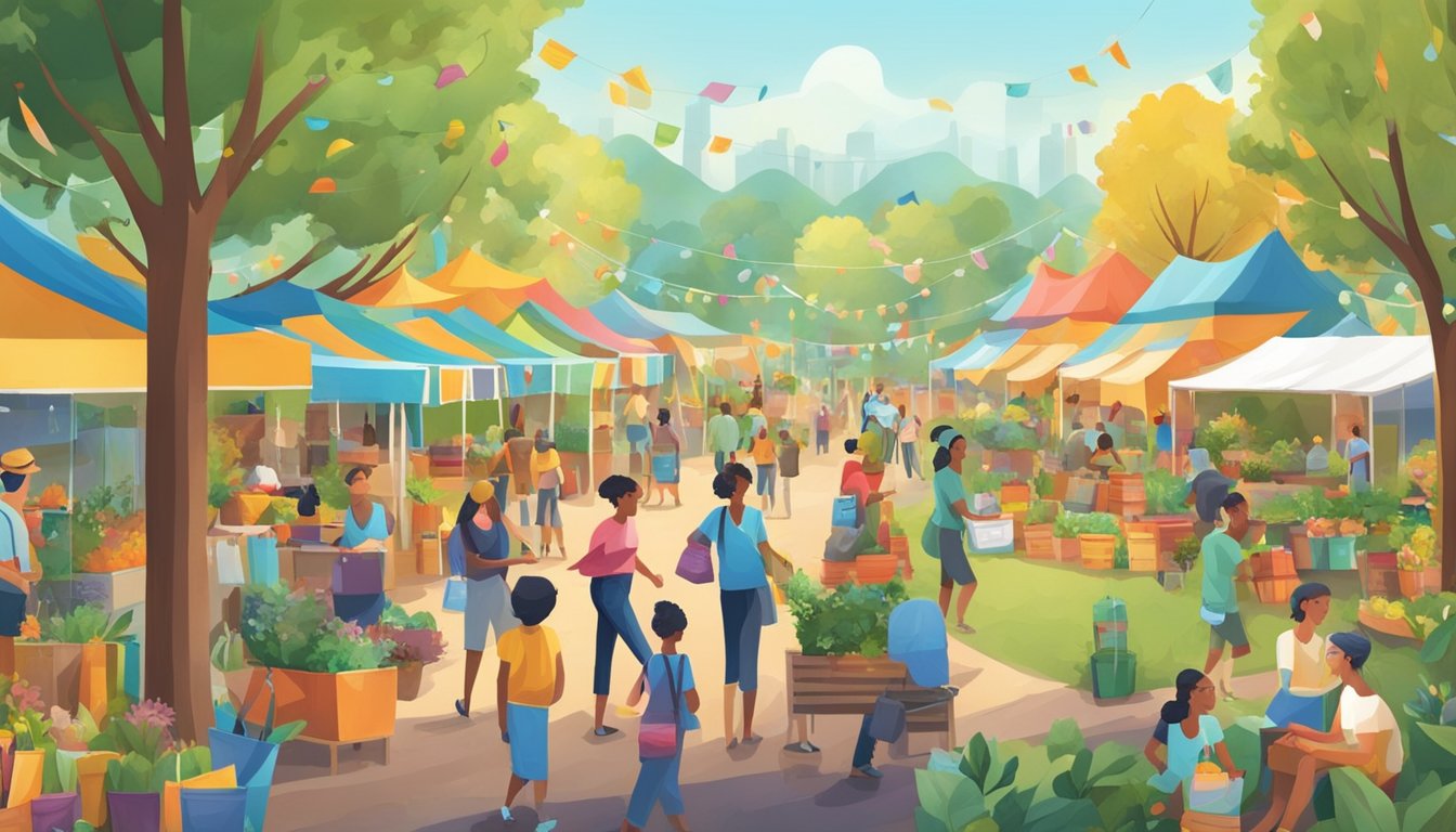 A colorful festival scene with eco-friendly vendors, recycling bins, solar panels, and people enjoying sustainable activities