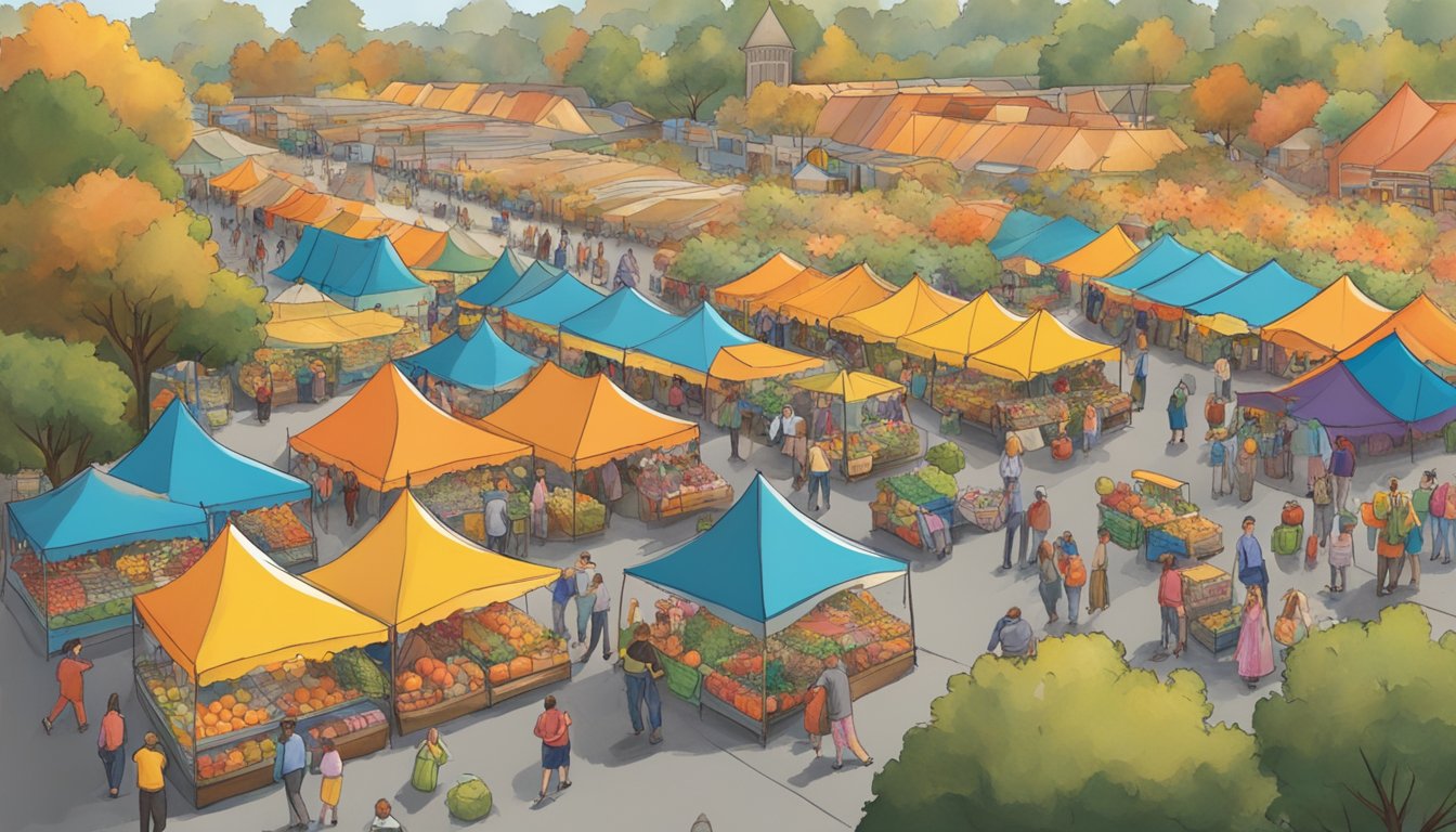 Colorful tents line a bustling street, filled with vendors and visitors. A pumpkin patch and hayrides draw families, while live music fills the air