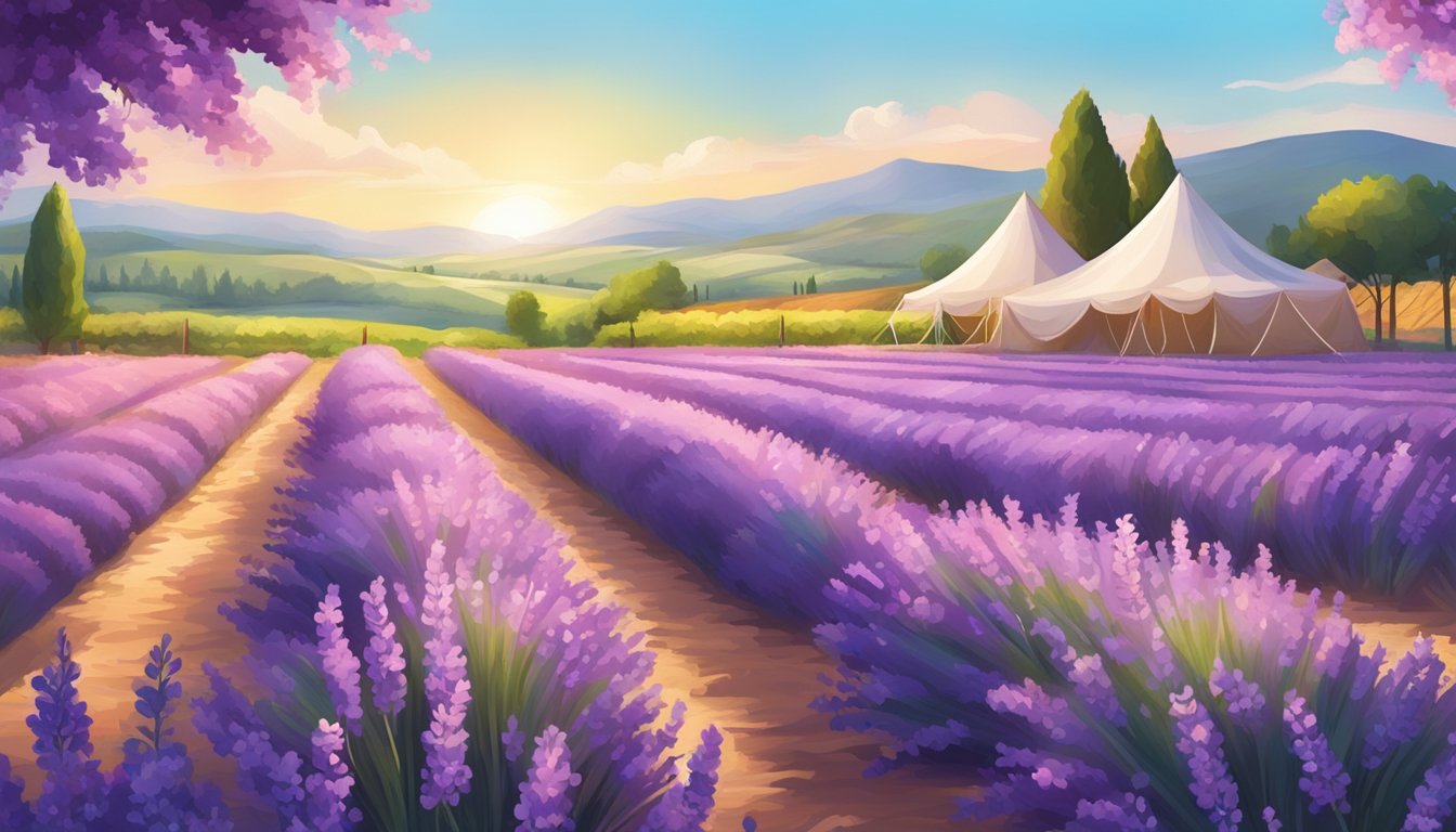 A sunny field of blooming lavender surrounded by vineyards with a colorful festival tent in the distance