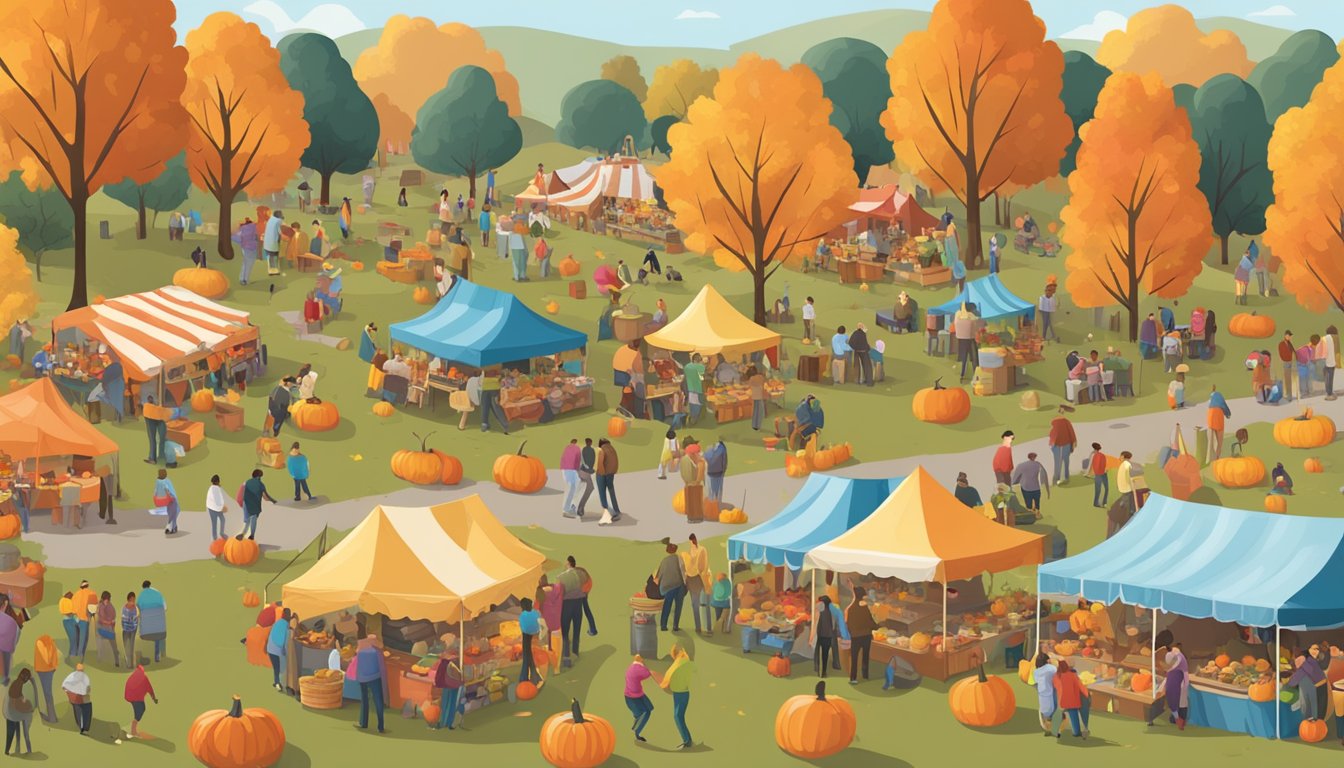 A bustling fall festival with colorful tents, food vendors, live music, and families enjoying hayrides and pumpkin carving