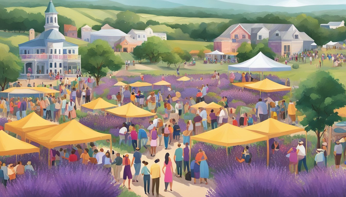 A colorful festival scene with blooming lavender fields, wine tastings, live music, and bustling crowds in Brenham