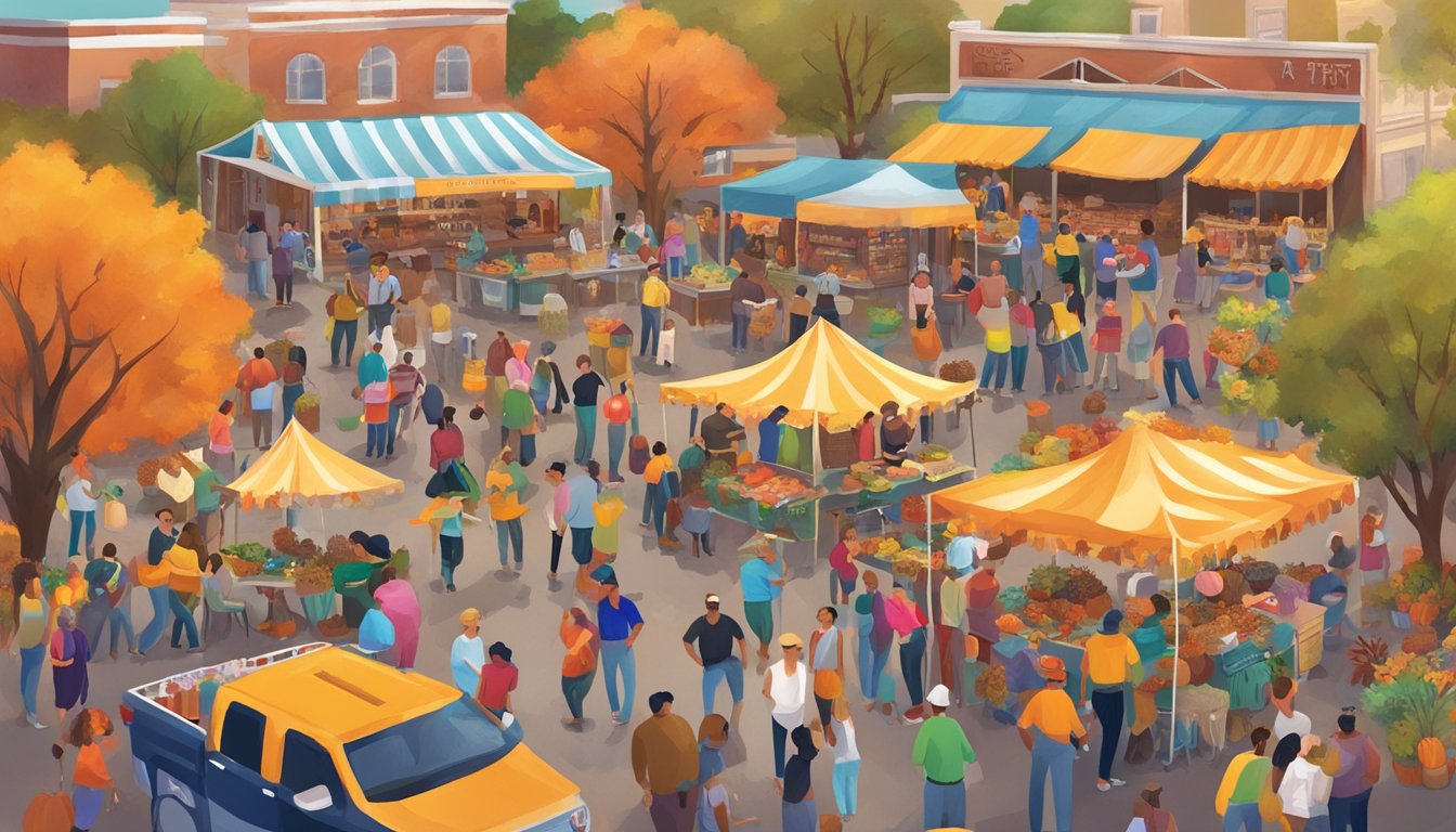 A vibrant scene of a Texas fall festival, with colorful decorations, live music, food vendors, and people enjoying cultural activities