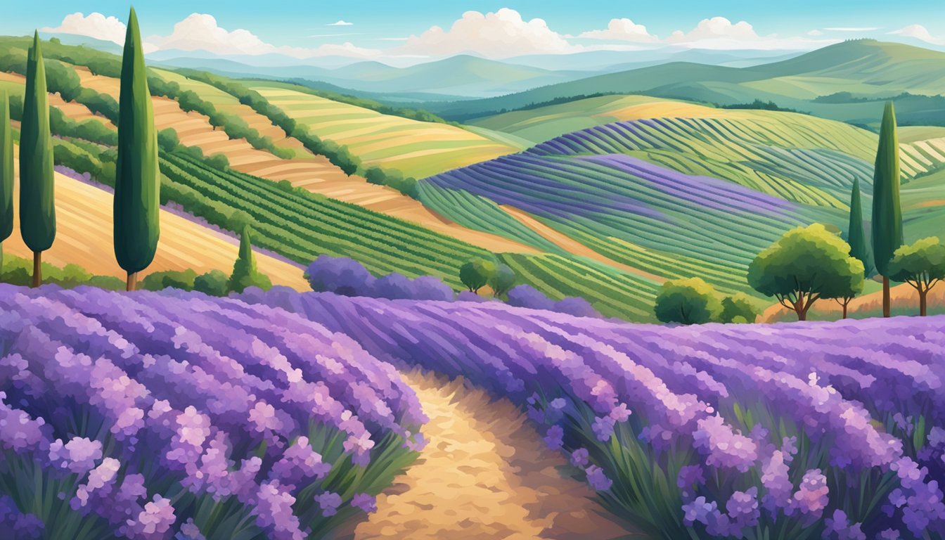 A vibrant field of blooming lavender surrounded by rolling hills and vineyards, with a bustling festival in the distance